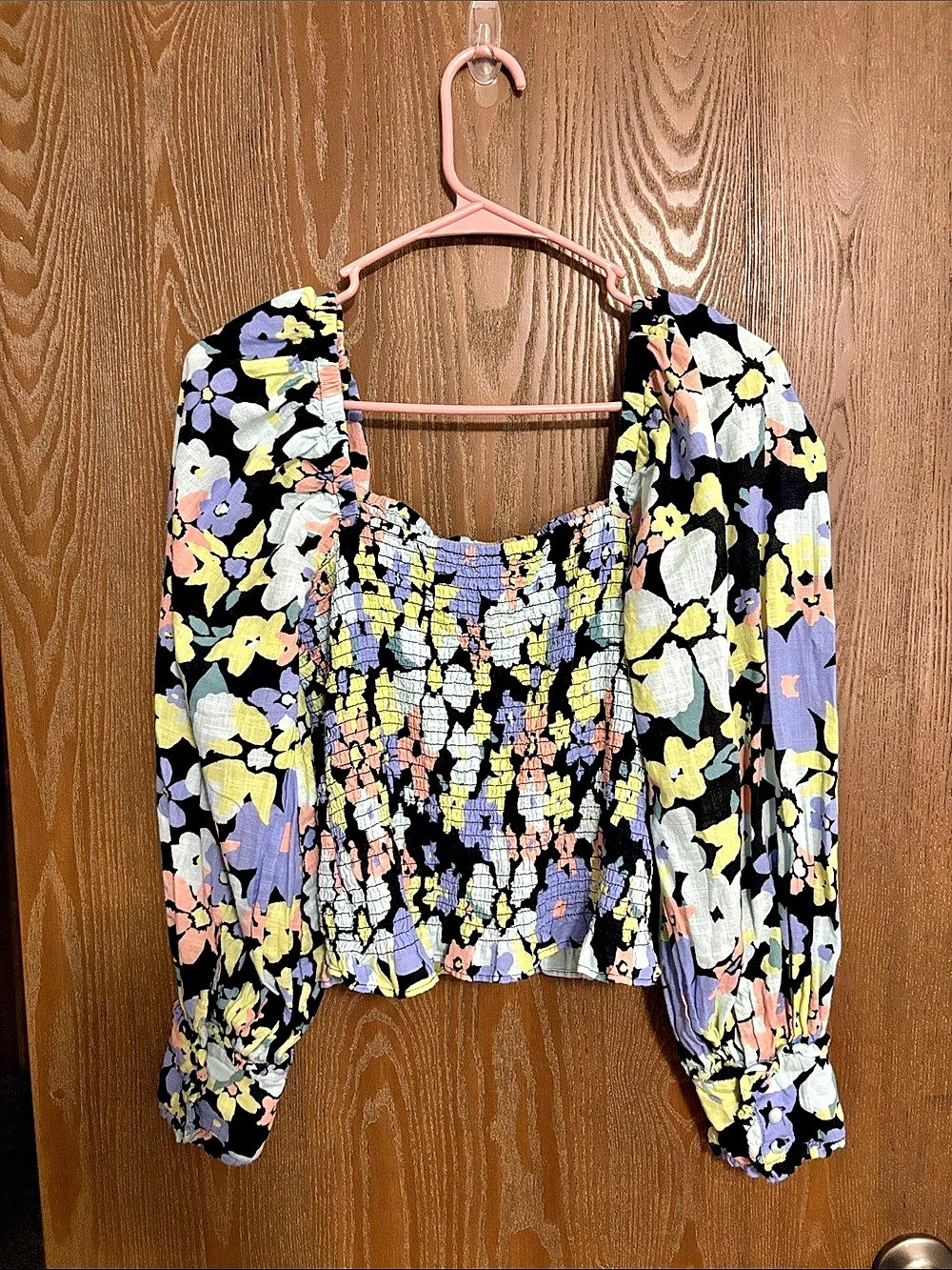 Free People Floral Crop Blouse in Black & Multicolor Small Like New